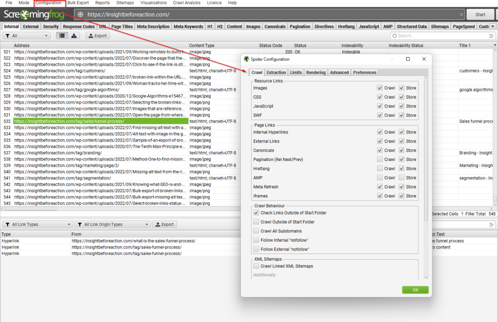 Configuring Screaming frog to perform targetted crawls