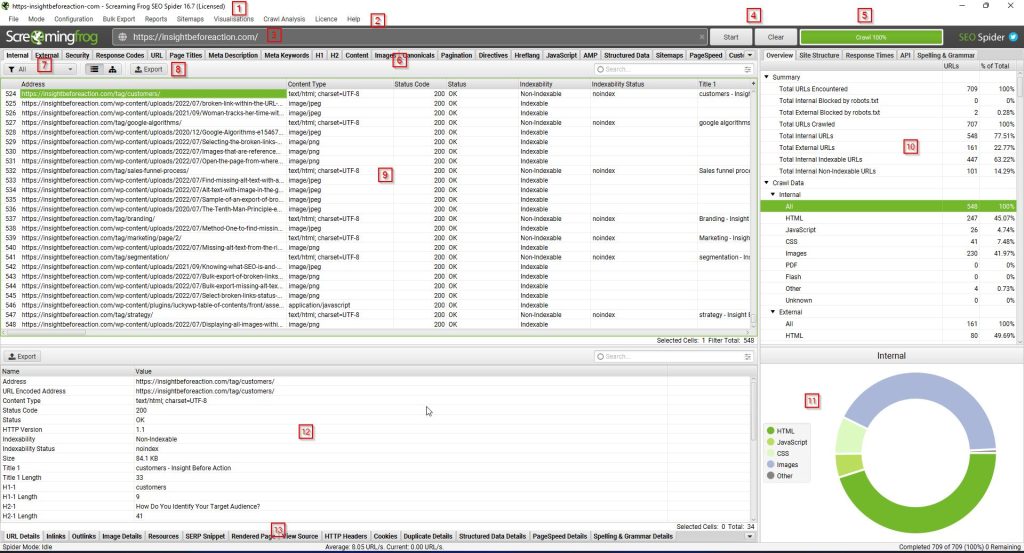 Main dashboard overview of screaming frog