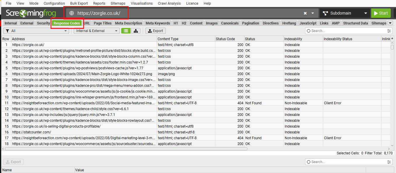 Selecting resaponse codes from within screaming frog
