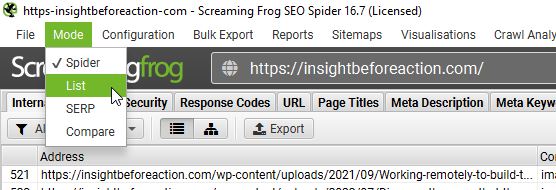 Switching modes to perform a specific crawl of a list of URLs