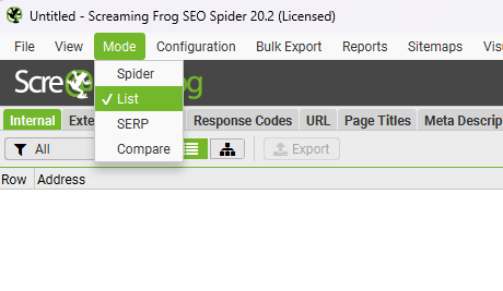 Upload a list of urls into screaming frog for analysis