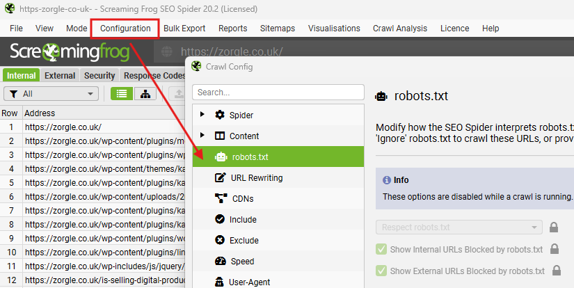 View what your robots.txt file looks like for modification within screaming frog