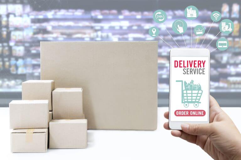 Online order grocery shopping concept. Food delivery ingredients